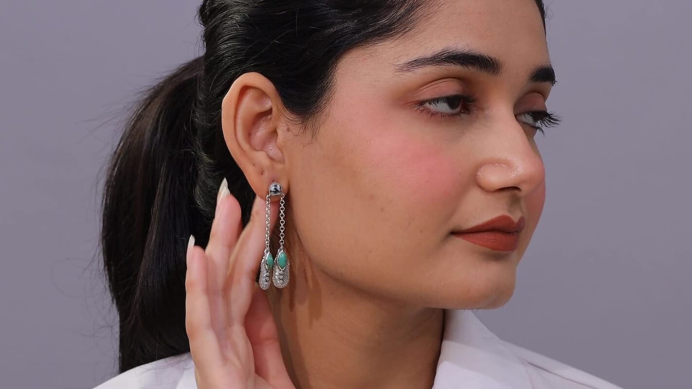 D'Joy Artisan Crafted Tahoe Nevada Turquoise and White Buffalo 5.40 ctw Feather Earrings in Sterling Silver