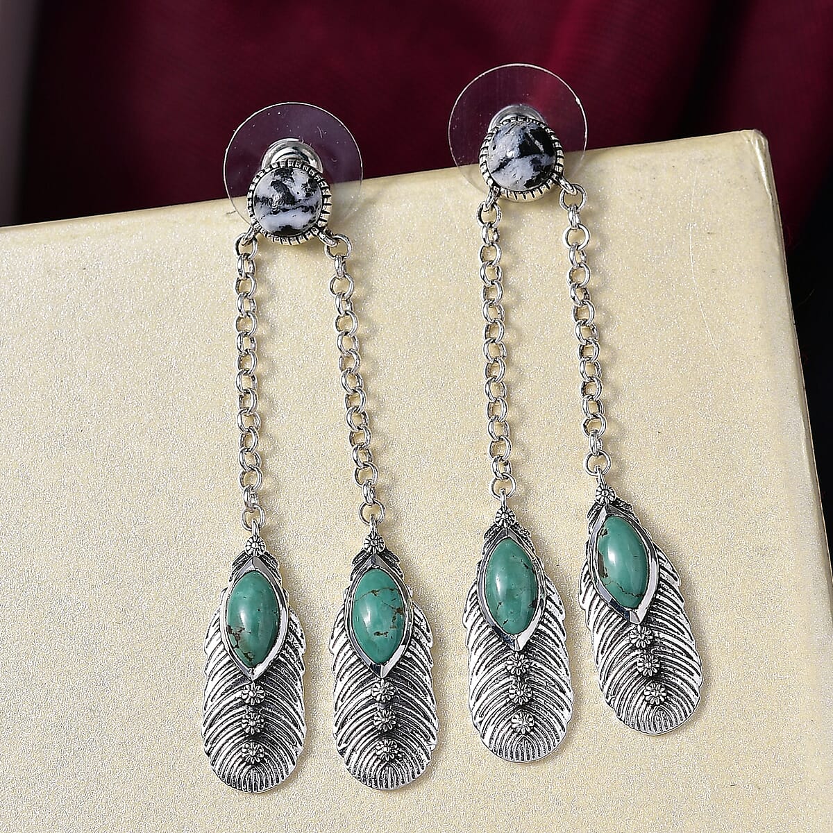 D'Joy Artisan Crafted Tahoe Naveda Turquoise and White Buffalo 5.40 ctw Feather Earrings in Sterling Silver image number 1