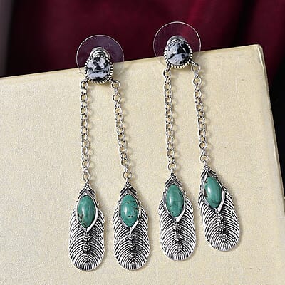 D'Joy Artisan Crafted Tahoe Nevada Turquoise and White Buffalo 5.40 ctw Feather Earrings in Sterling Silver