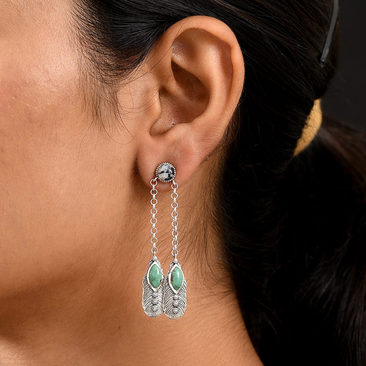 D'Joy Artisan Crafted Tahoe Naveda Turquoise and White Buffalo 5.40 ctw Feather Earrings in Sterling Silver image number 2