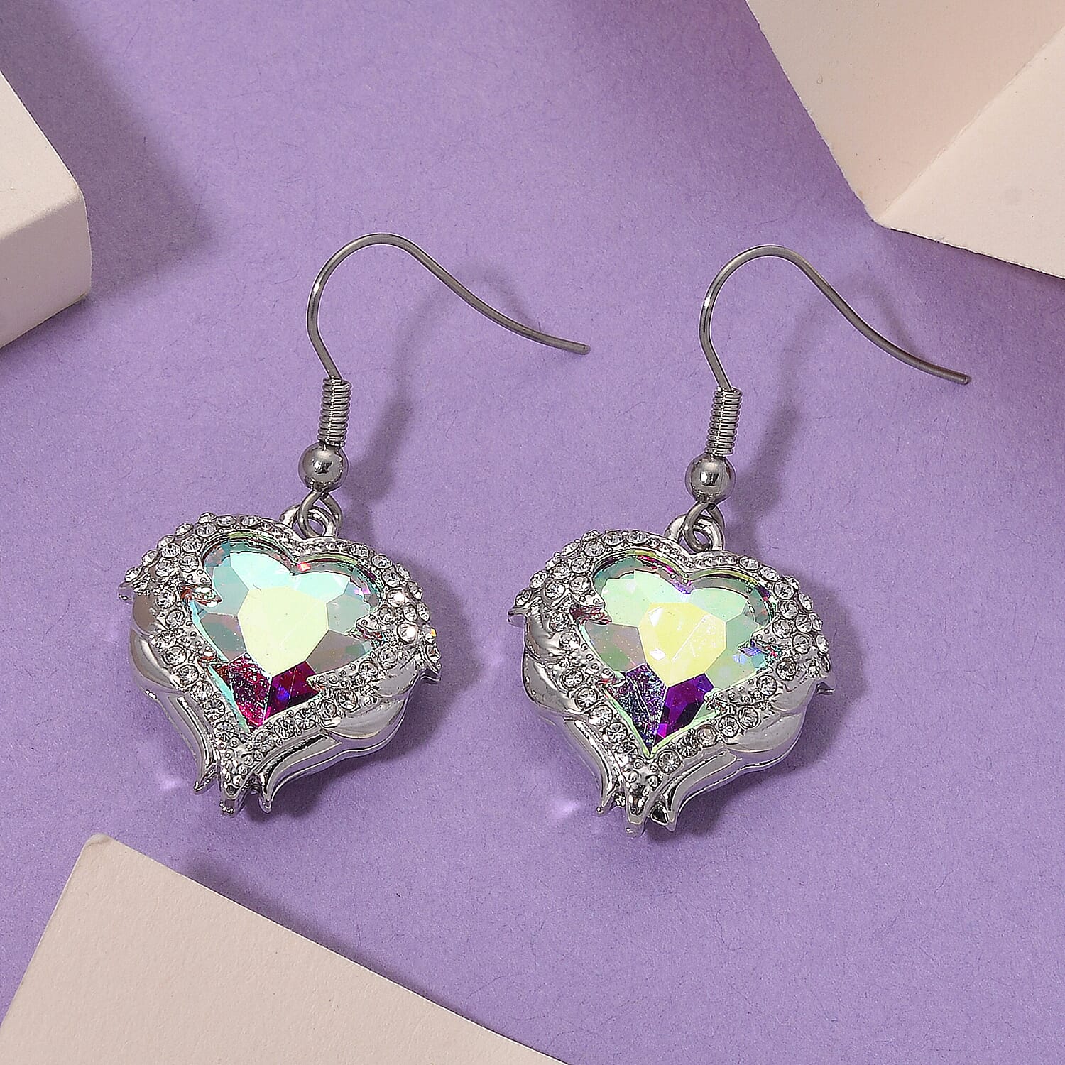 White Aurora Borealis Color Glass and Austrian Crystal Heart of Ocean Earrings in Silvertone