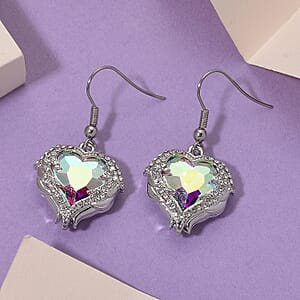 White Aurora Borealis Color Glass and Austrian Crystal Heart of Ocean Earrings in Silvertone