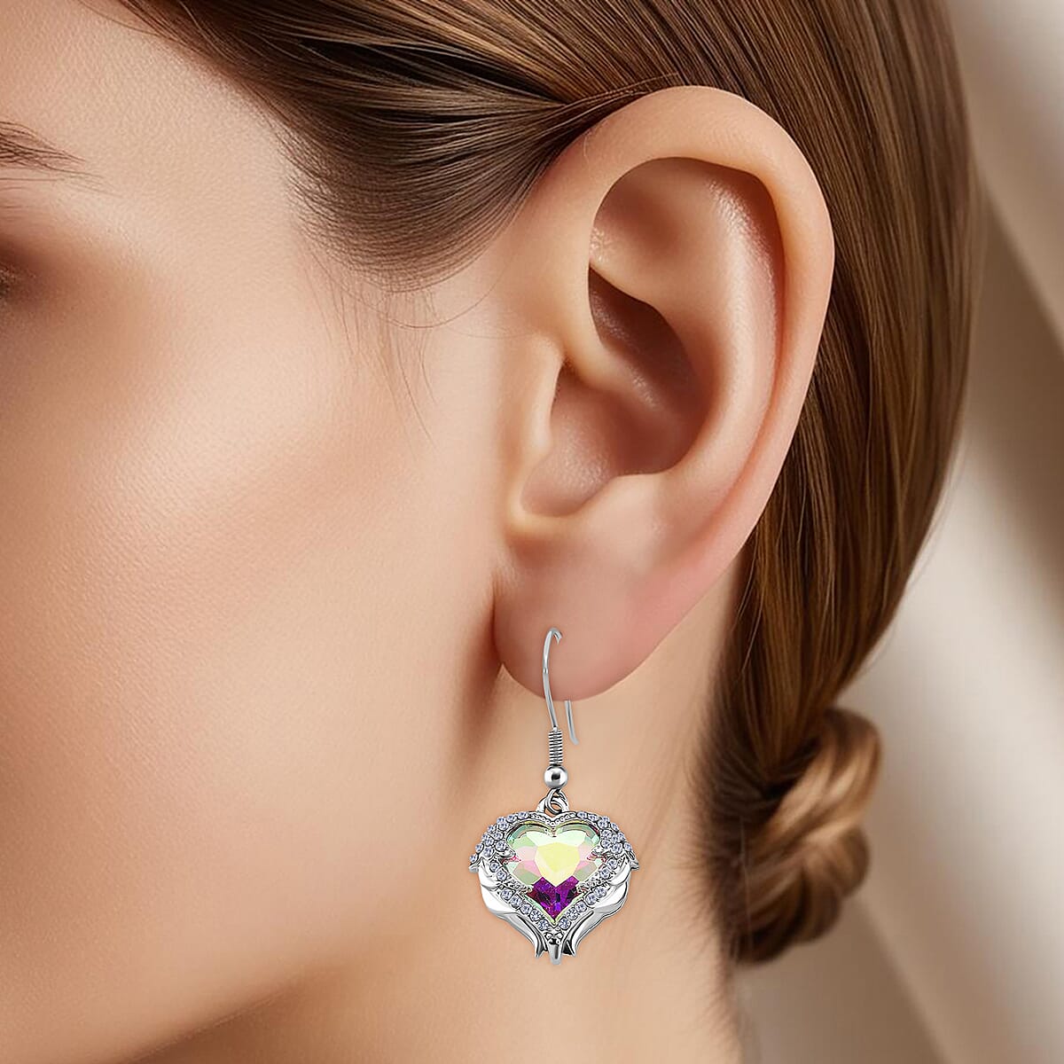White Aurora Borealis Color Glass and Austrian Crystal Heart of Ocean Earrings in Silvertone image number 2