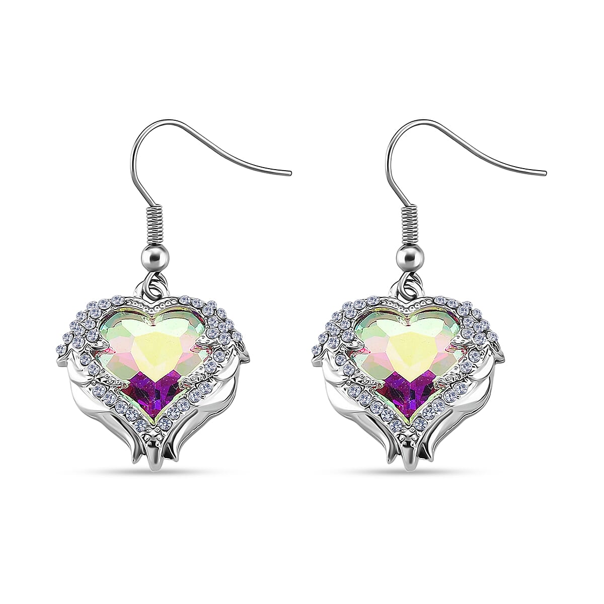White Aurora Borealis Color Glass and Austrian Crystal Heart of Ocean Earrings in Silvertone