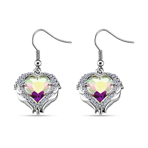 White Aurora Borealis Color Glass and Austrian Crystal Heart of Ocean Earrings in Silvertone