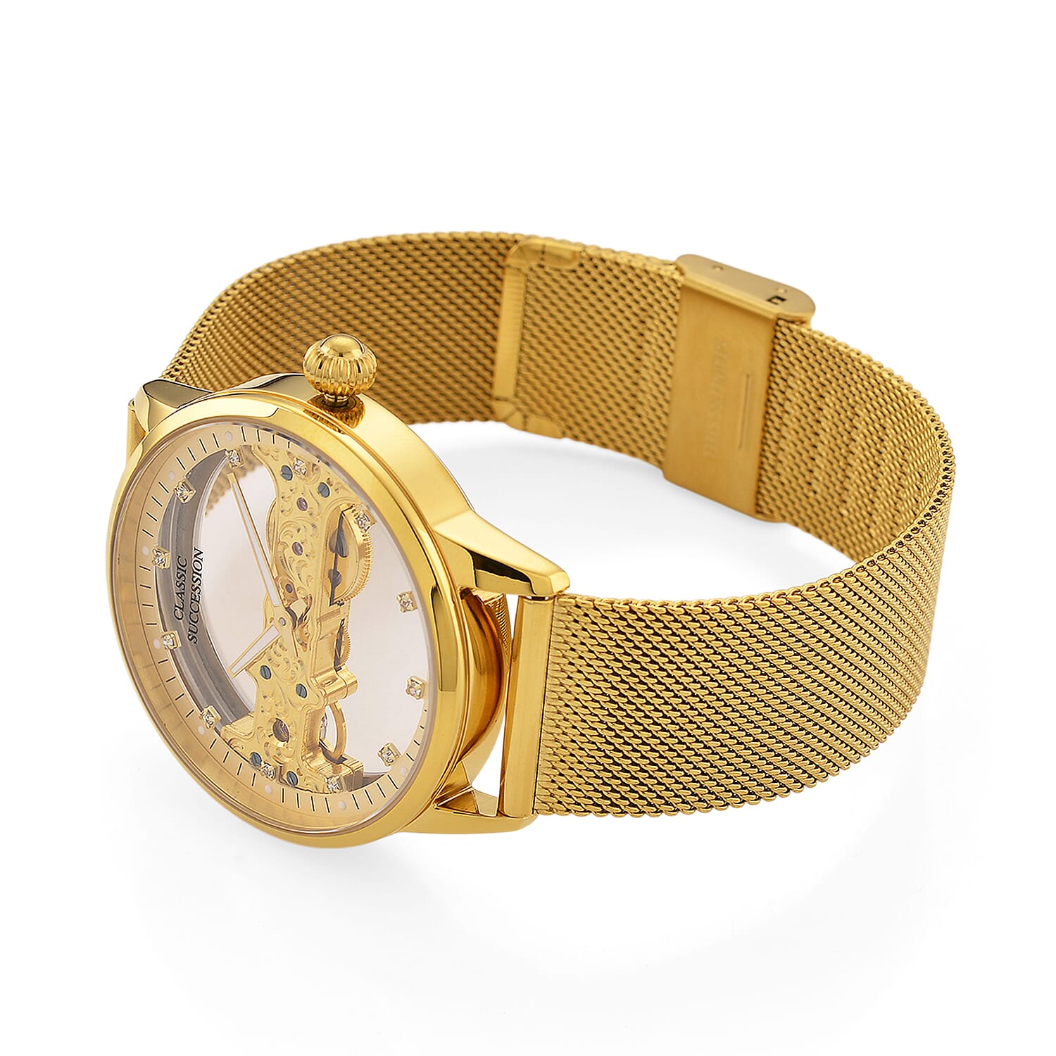Deal of the Day Classic Succession Automatic Mechanical Movement Austrian Crystal Watch in ION Plated YG Stainless Steel