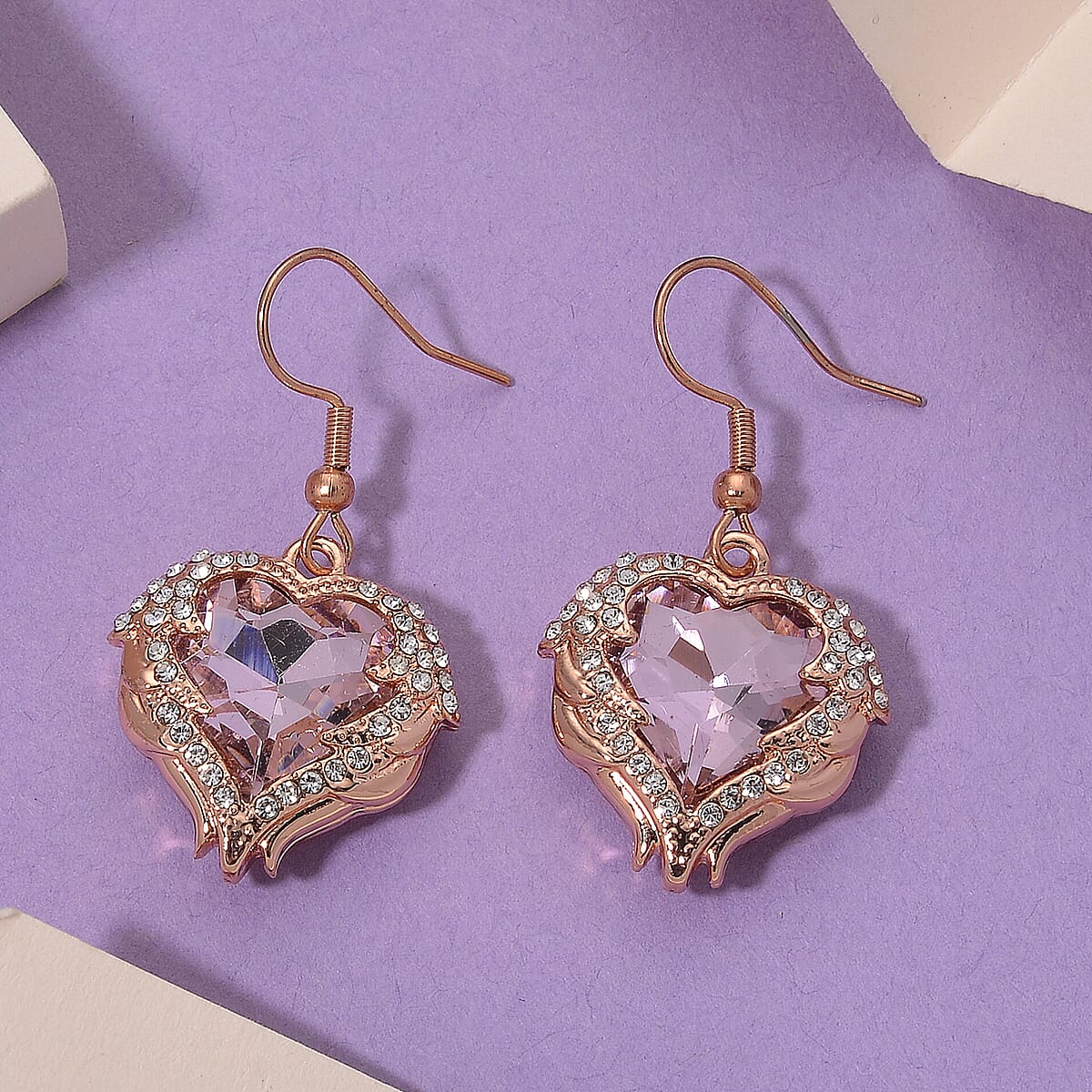 Pink Glass and Austrian Crystal Heart of Ocean Earrings in Rosetone image number 1