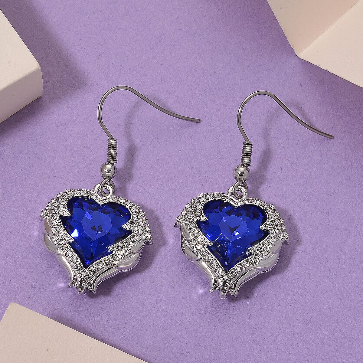 Blue Glass and Austrian Crystal Heart of Ocean Earrings in Silvertone image number 1