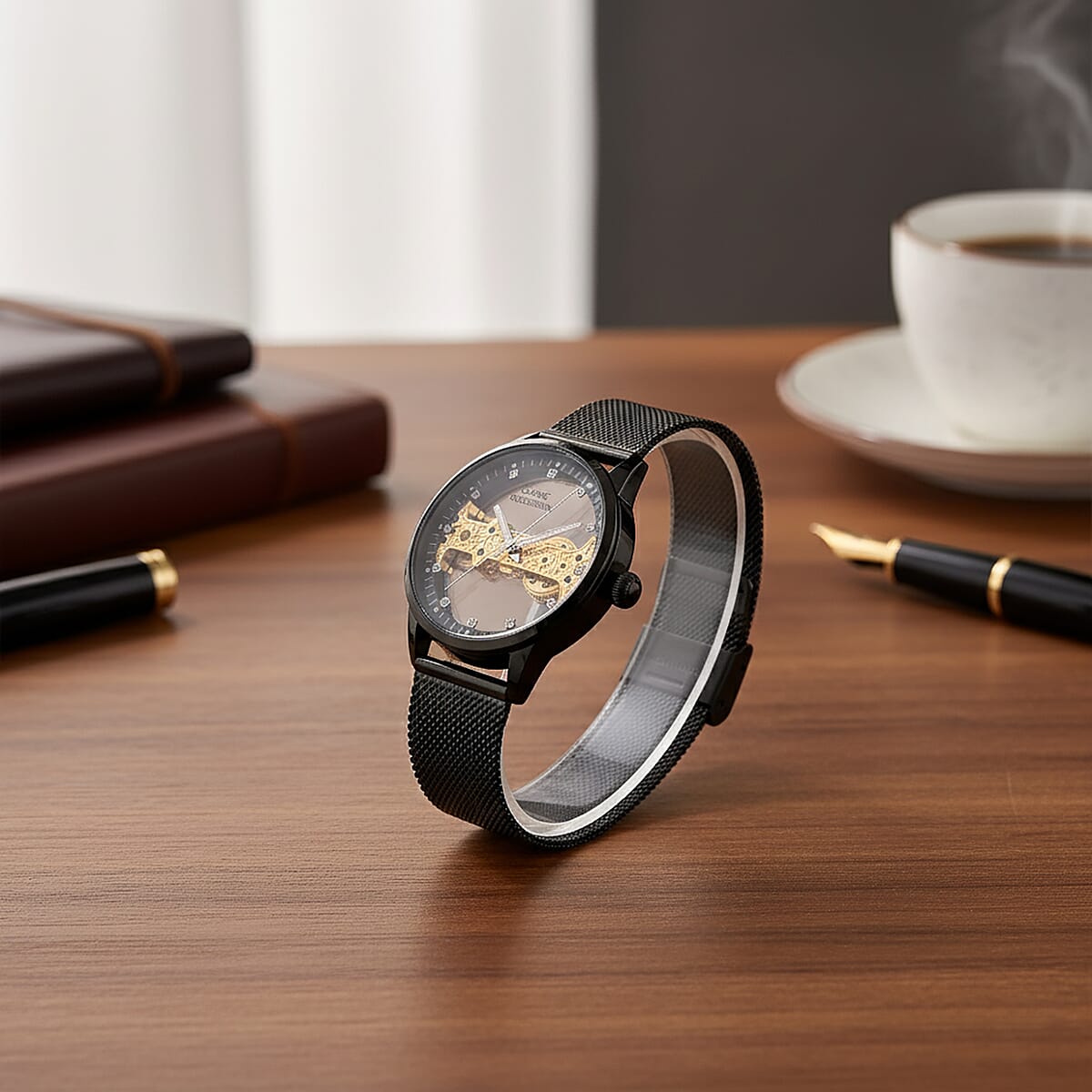 Classic Succession Automatic Mechanical Movement Austrian Crystal Watch in ION Plated Black Stainless Steel image number 1