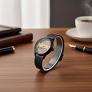 Classic Succession Automatic Mechanical Movement Austrian Crystal Watch in ION Plated Black Stainless Steel