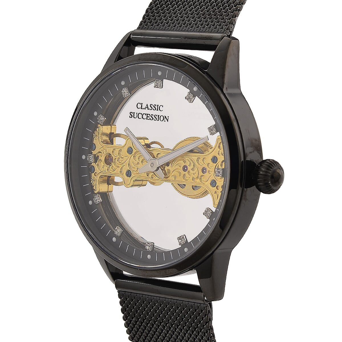 Classic Succession Automatic Mechanical Movement Austrian Crystal Watch in ION Plated Black Stainless Steel image number 3