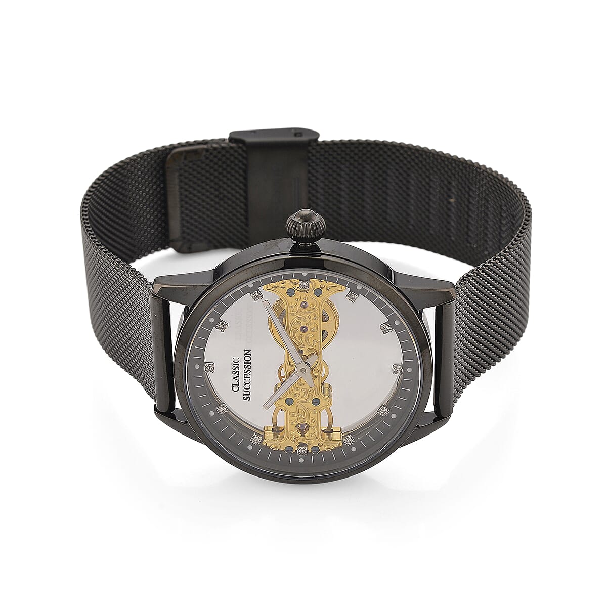 Classic Succession Automatic Mechanical Movement Austrian Crystal Watch in ION Plated Black Stainless Steel image number 4