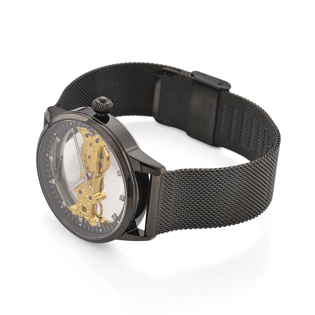 Classic Succession Automatic Mechanical Movement Austrian Crystal Watch in ION Plated Black Stainless Steel image number 5