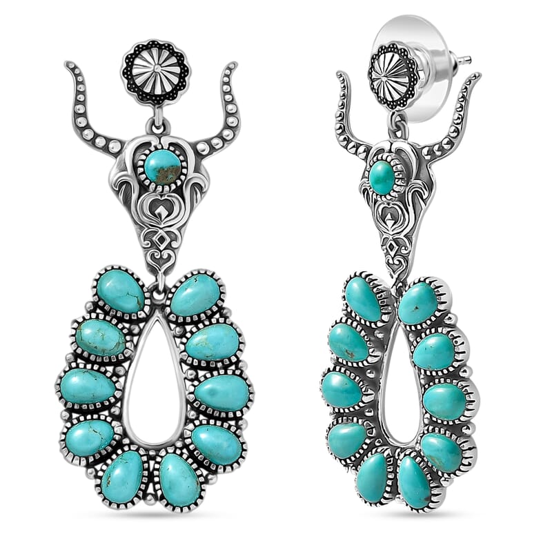 D'Joy Artisan Crafted Tahoe Nevada Turquoise 10.50 ctw Bull Face Earrings in Sterling Silver