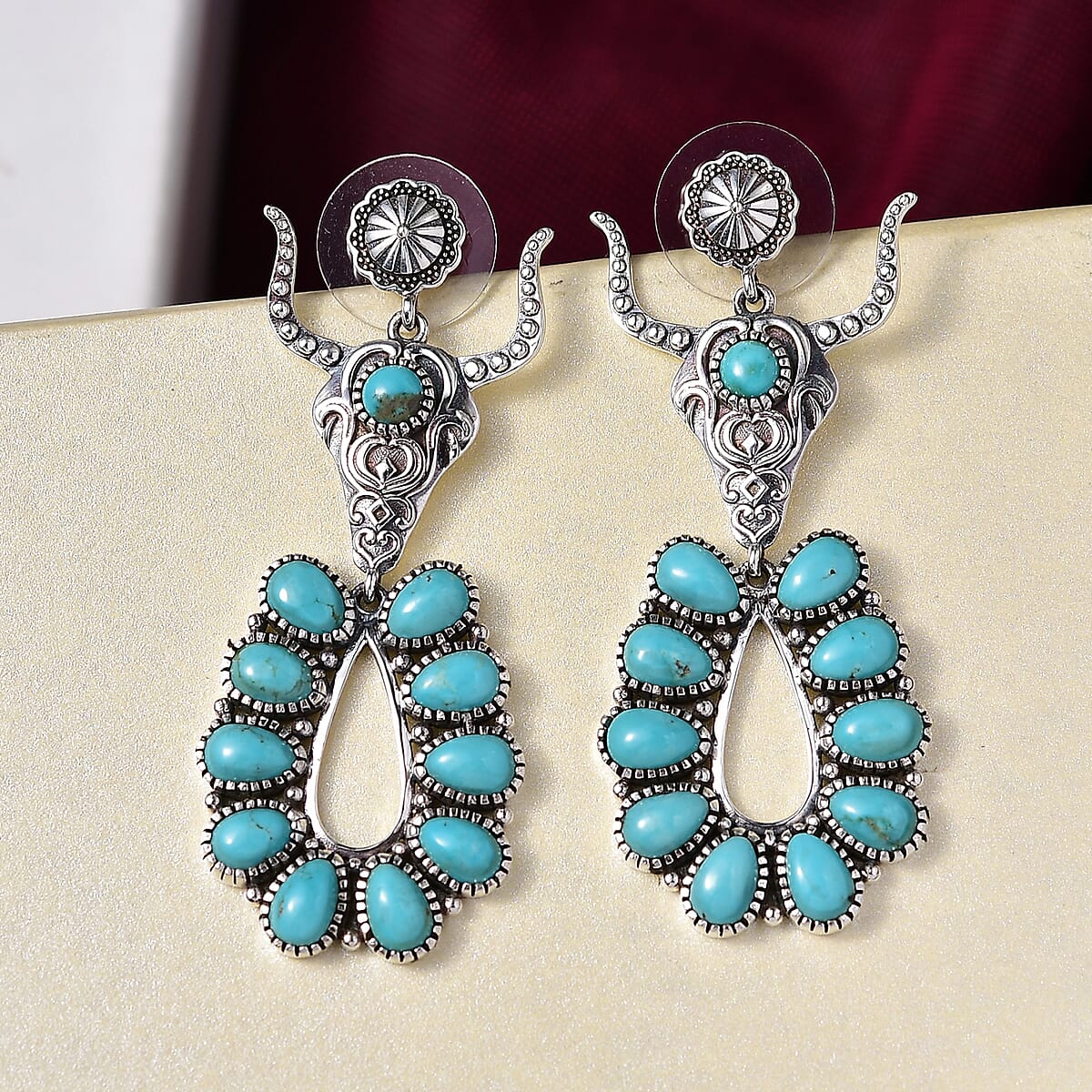 D'Joy Artisan Crafted Tahoe Naveda Turquoise 10.50 ctw Bull Face Earrings in Sterling Silver image number 1
