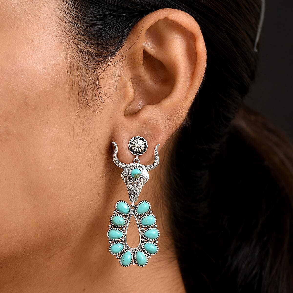 D'Joy Artisan Crafted Tahoe Naveda Turquoise 10.50 ctw Bull Face Earrings in Sterling Silver image number 2
