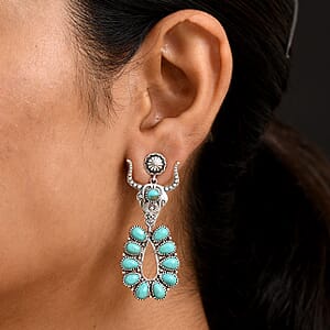 D'Joy Artisan Crafted Tahoe Nevada Turquoise 10.50 ctw Bull Face Earrings in Sterling Silver