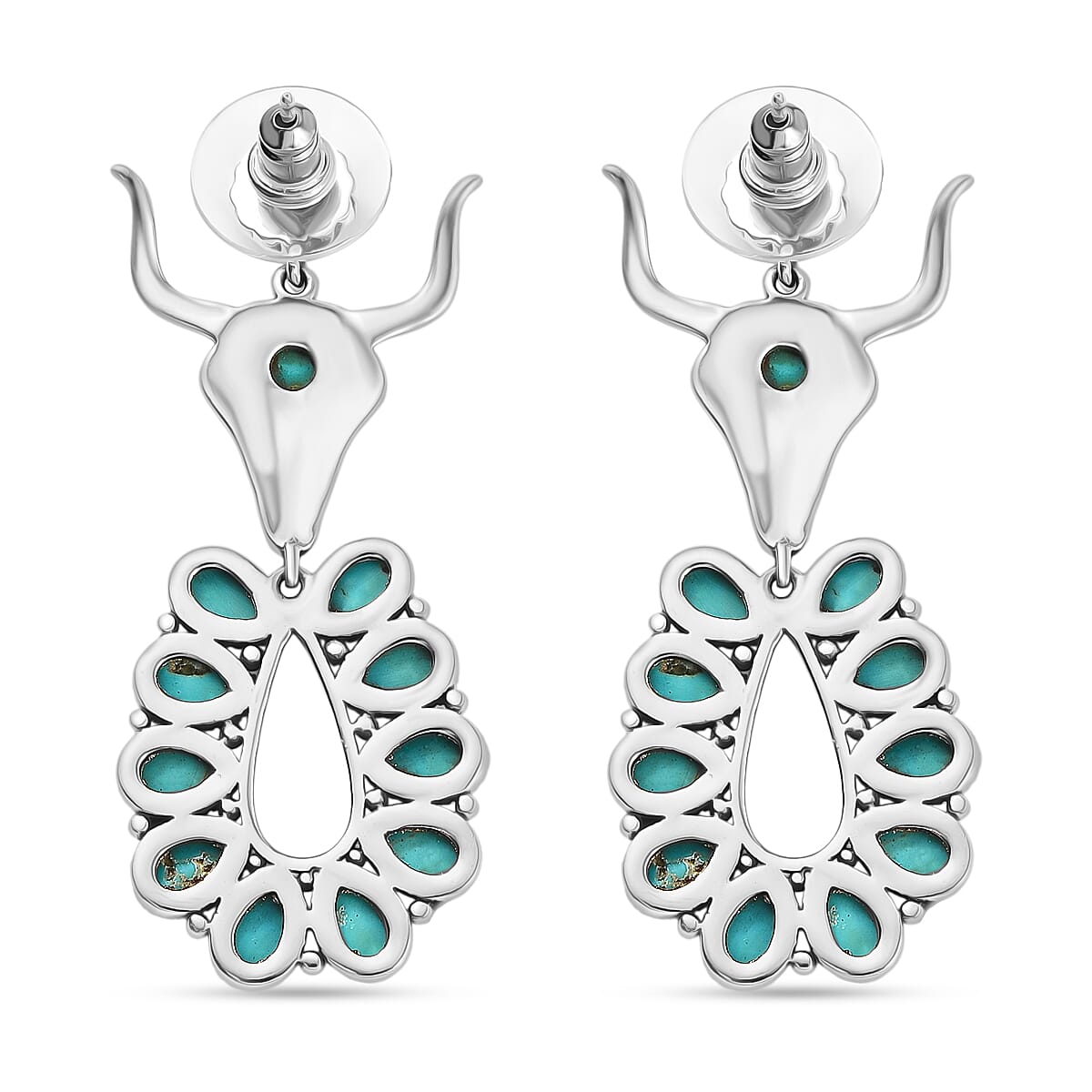 D'Joy Artisan Crafted Tahoe Naveda Turquoise 10.50 ctw Bull Face Earrings in Sterling Silver image number 4