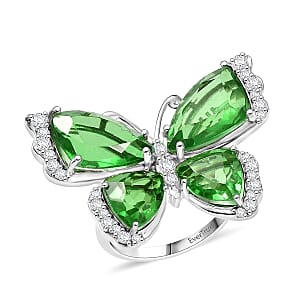 EverTrue Chartreuse Quartz (Triplet) and White Zircon 14.15 ctw Butterfly Ring in Platinum Bond (Size 10.0)