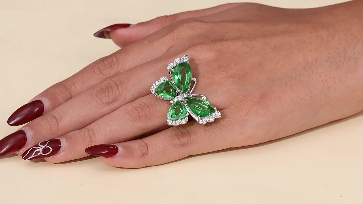EverTrue Chartreuse Quartz, White Zircon Butterfly Ring in Platinum Bond (Size 10.0) 14.15 ctw