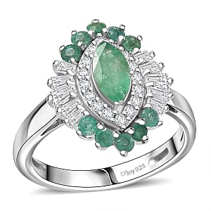 D'Joy Premium Kagem Zambian Emerald and Moissanite 1.25 ctw Ring in Rhodium Over Sterling Silver (Size 10.0)