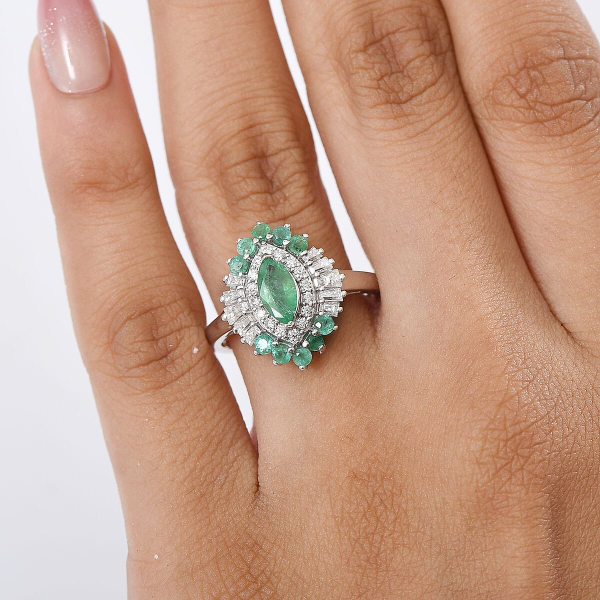 D'Joy Premium Kagem Zambian Emerald and Moissanite 1.25 ctw Ring in Rhodium Over Sterling Silver (Size 6.0) image number 2