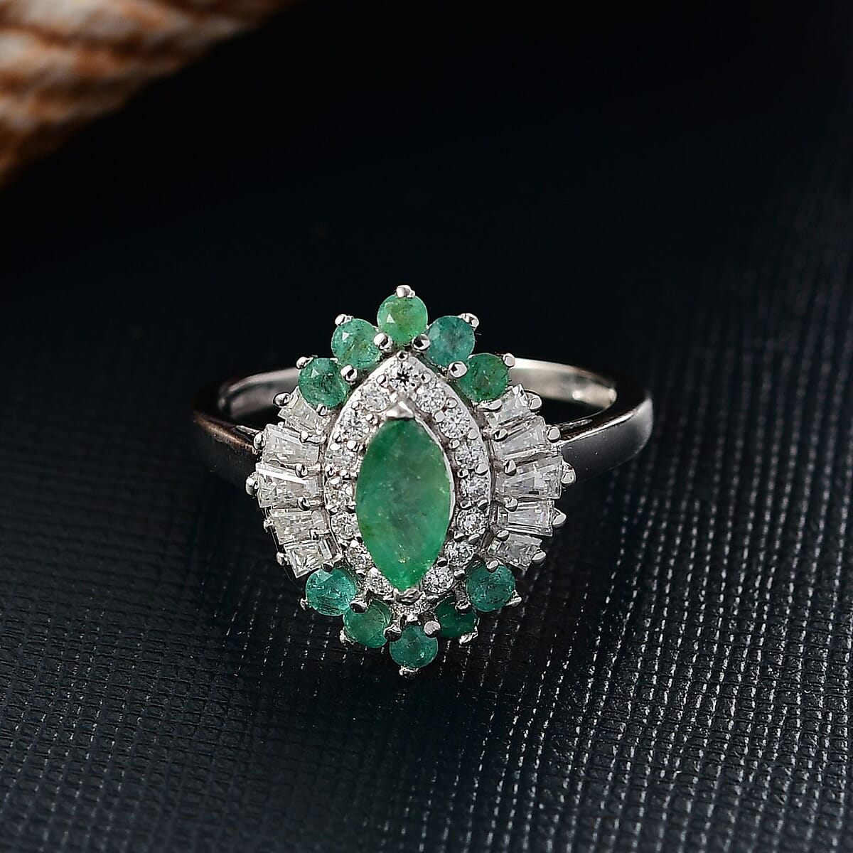 D'Joy Premium Kagem Zambian Emerald and Moissanite 1.25 ctw Ring in Rhodium Over Sterling Silver (Size 9.0) image number 1