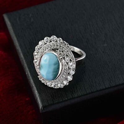D'Joy Larimar and White Zircon  10.21 ctw Ring in Rhodium Over Sterling Silver (Size 5.5)