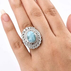 D'Joy Larimar and White Zircon  10.21 ctw Ring in Rhodium Over Sterling Silver (Size 5.5)