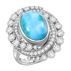 D'Joy Larimar and White Zircon  10.21 ctw Ring in Rhodium Over Sterling Silver (Size 5.5)