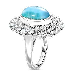 D'Joy Larimar and White Zircon  10.21 ctw Ring in Rhodium Over Sterling Silver (Size 5.5)
