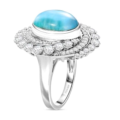 D'Joy Larimar and White Zircon  10.21 ctw Ring in Rhodium Over Sterling Silver (Size 5.5)