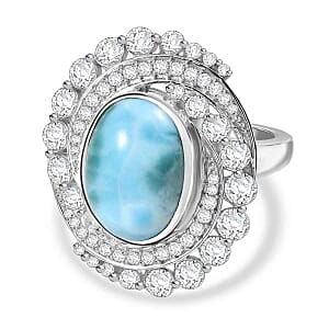 D'Joy Larimar and White Zircon  9.78 ctw Ring in Rhodium Over Sterling Silver (Size 11.5)