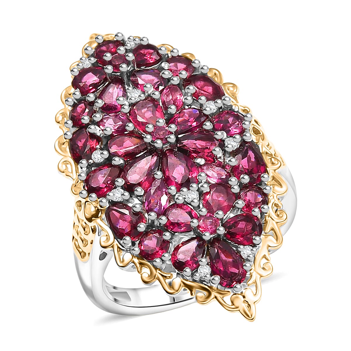 EverTrue Orissa Rhodolite Garnet and White Zircon 6.50 ctw Bunch of Flowers Ring in 18K YG Plated and Platinum Bond (Size 10.0) image number 0