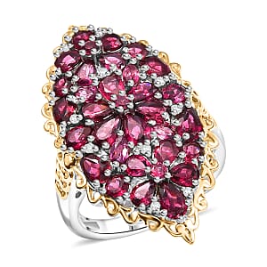 EverTrue Orissa Rhodolite Garnet and White Zircon 6.50 ctw Bunch of Flowers Ring in 18K YG Plated and Platinum Bond (Size 10.0)