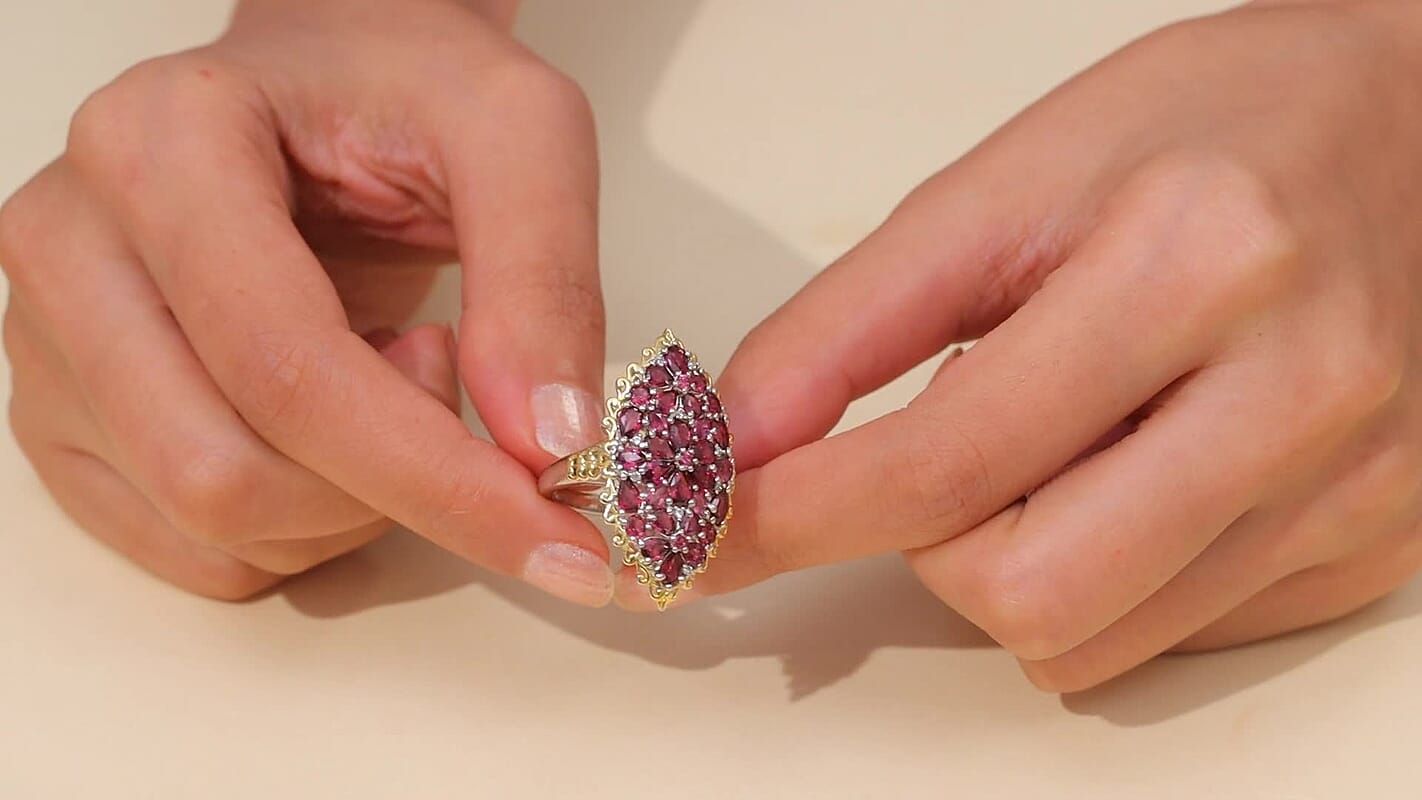 EverTrue Orissa Rhodolite Garnet, White Zircon Ring in 18K YG Plated and Platinum Bond (Size 10.0) 6.50 ctw