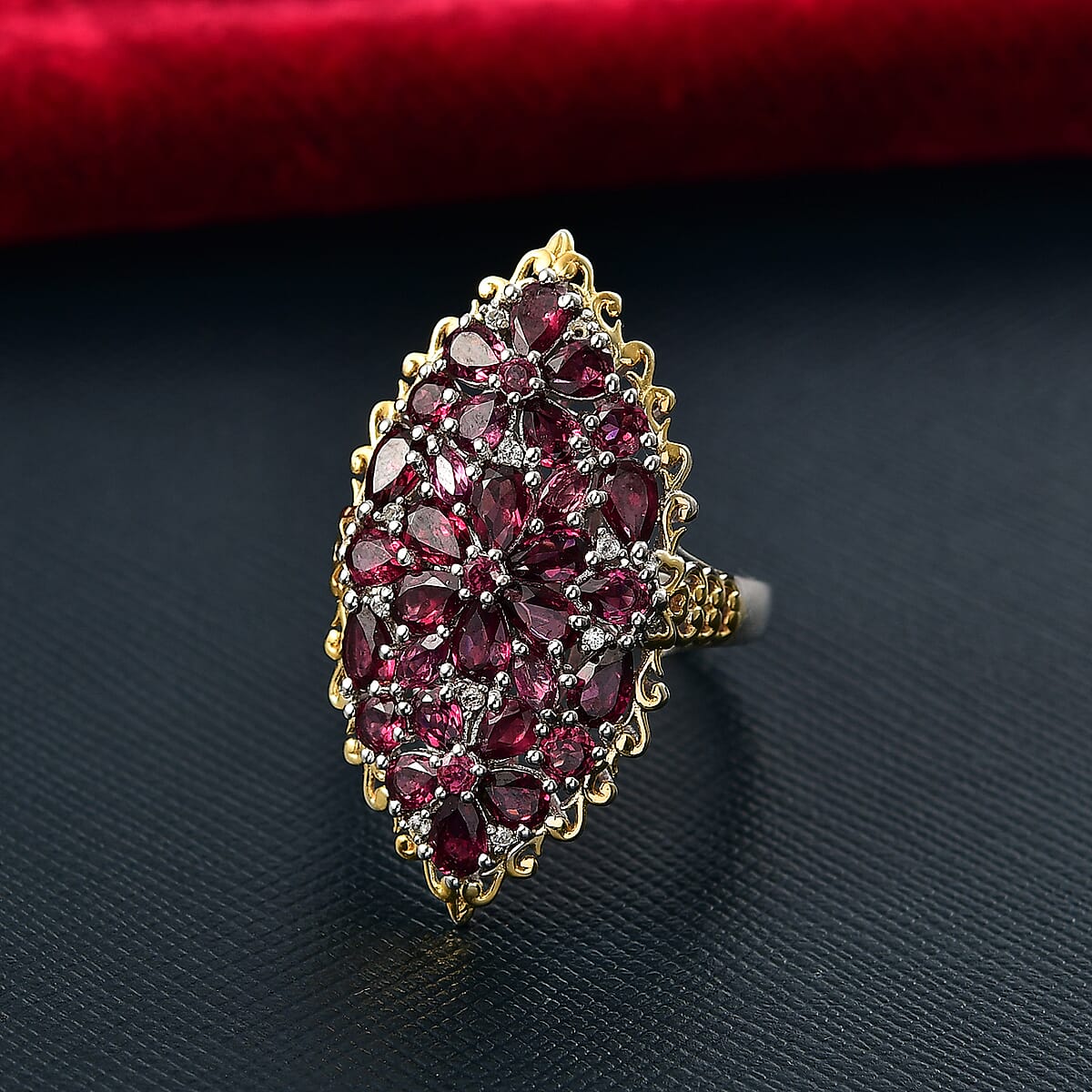 EverTrue Orissa Rhodolite Garnet and White Zircon 6.50 ctw Bunch of Flowers Ring in 18K YG Plated and Platinum Bond (Size 10.0) image number 1