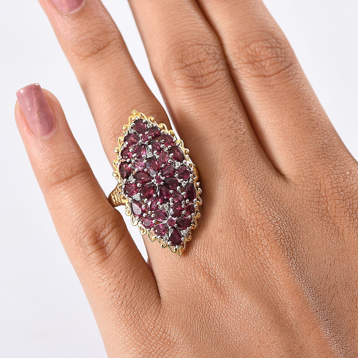 EverTrue Orissa Rhodolite Garnet and White Zircon 6.50 ctw Bunch of Flowers Ring in 18K YG Plated and Platinum Bond (Size 10.0) image number 2