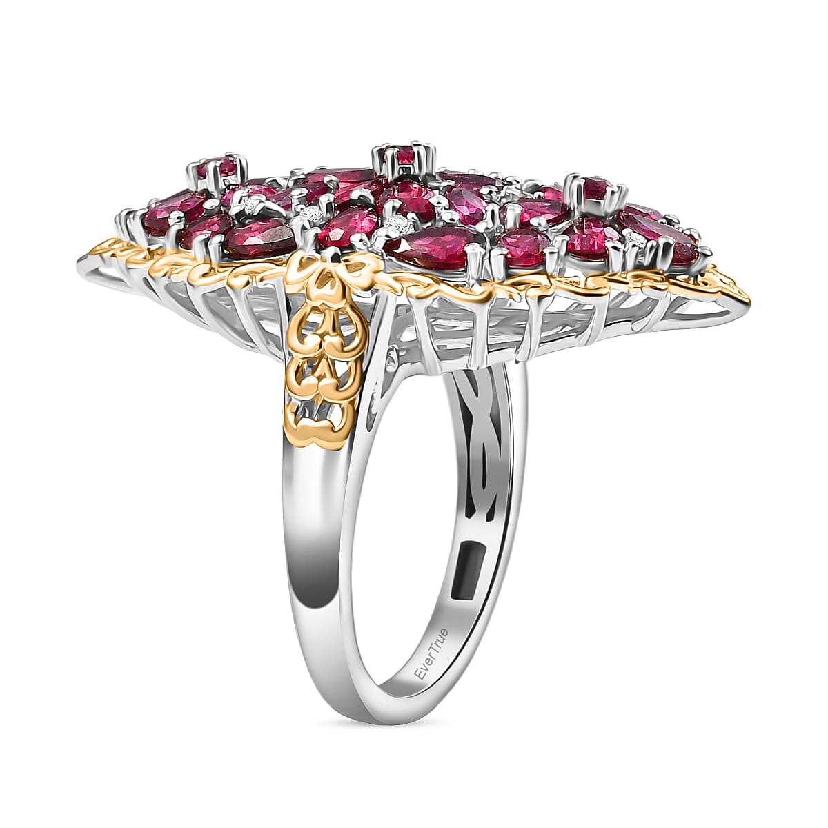 EverTrue Orissa Rhodolite Garnet and White Zircon 6.50 ctw Bunch of Flowers Ring in 18K YG Plated and Platinum Bond (Size 10.0) image number 3