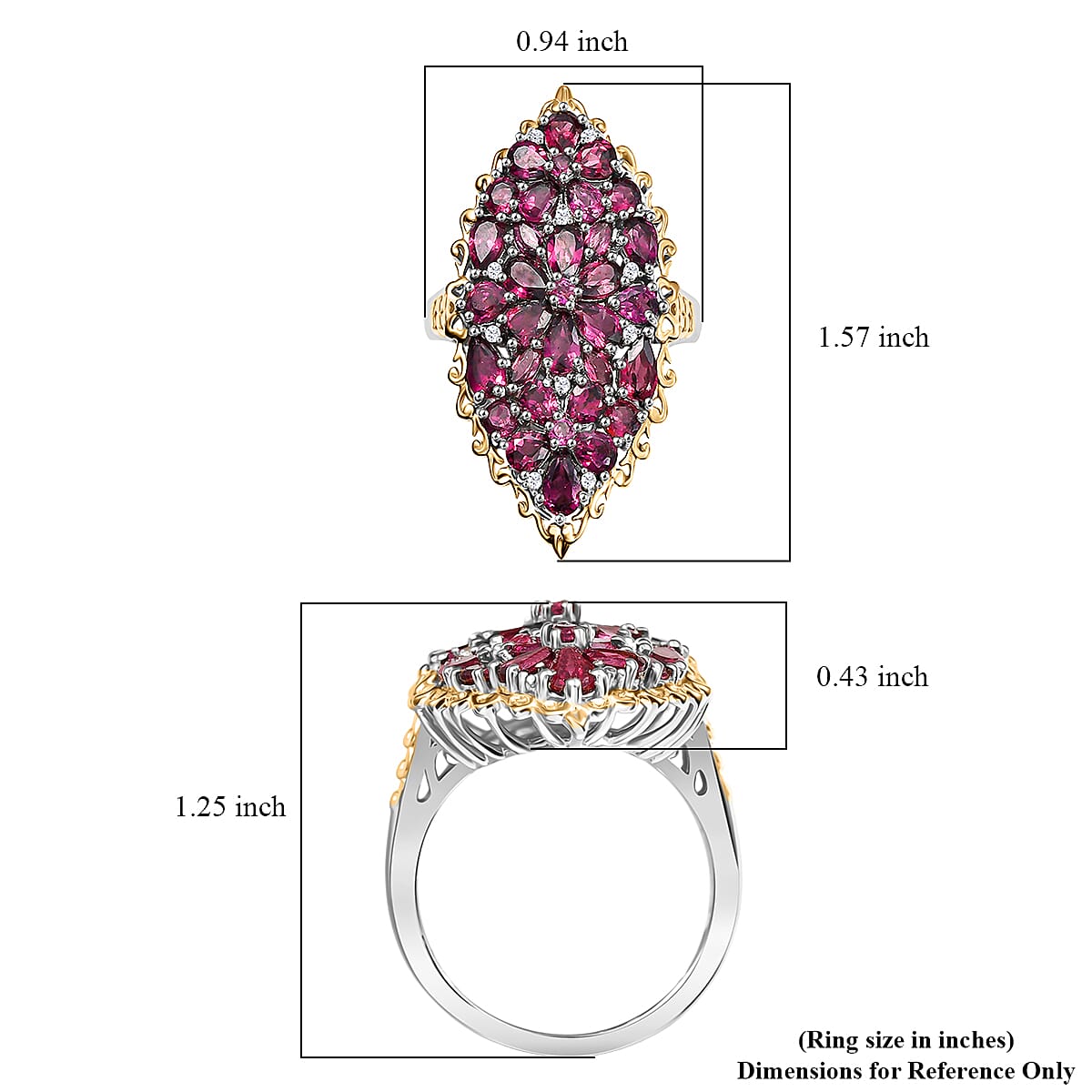 EverTrue Orissa Rhodolite Garnet and White Zircon 6.50 ctw Bunch of Flowers Ring in 18K YG Plated and Platinum Bond (Size 10.0) image number 5