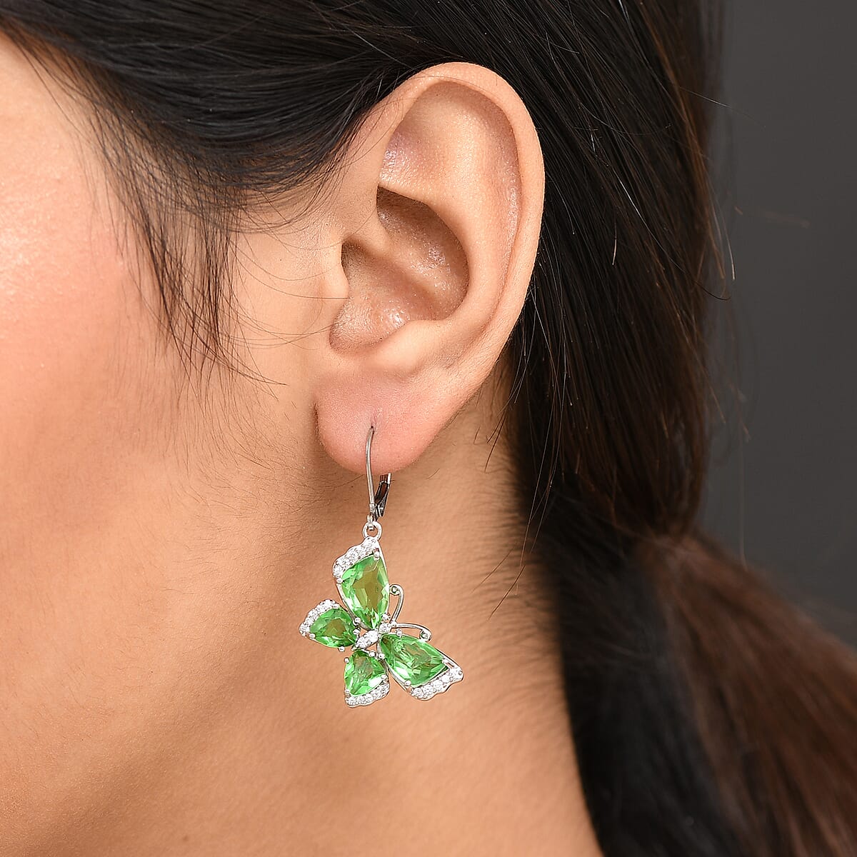 EverTrue Chartreuse Quartz (Triplet) and White Zircon 10.15 ctw Butterfly Earrings in Platinum Bond image number 2