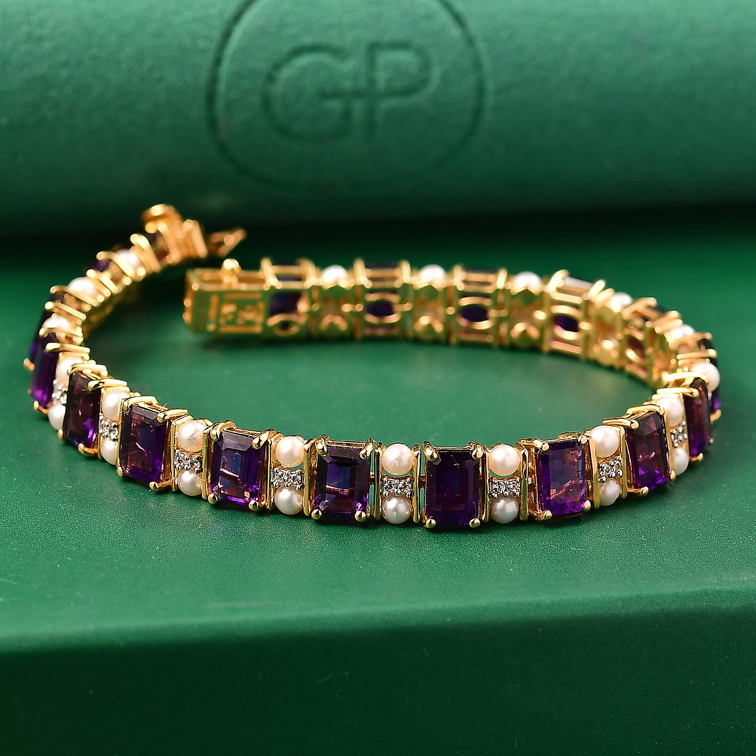 GP Royal Art Deco Collection African Amethyst and Multi Gemstone 16.80 ctw Bracelet in 18K Vermeil Yellow Gold Over Sterling Silver (7.25 In)