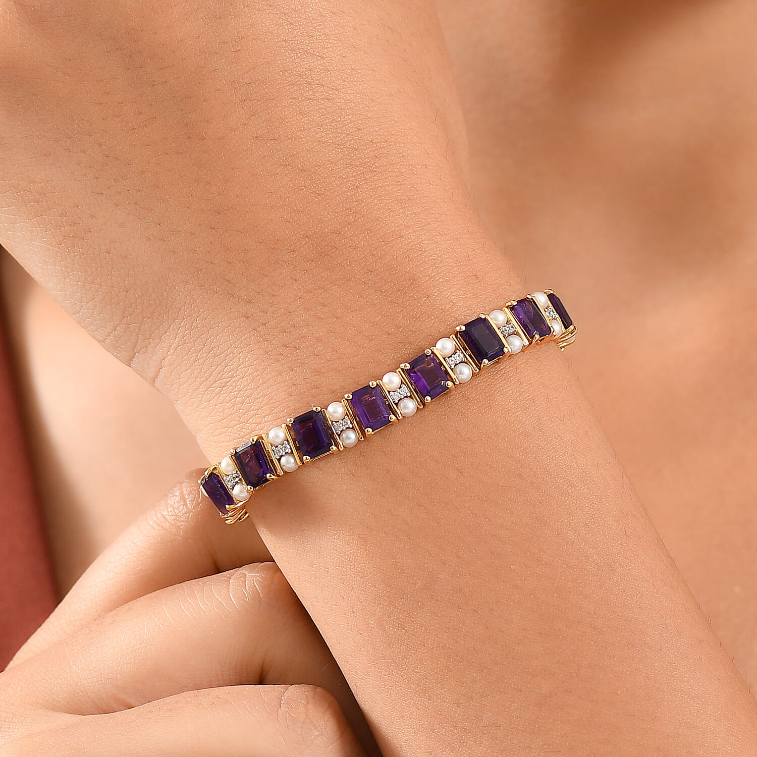 GP Royal Art Deco Collection African Amethyst and Multi Gemstone 16.80 ctw Bracelet in 18K Vermeil Yellow Gold Over Sterling Silver (7.25 In)
