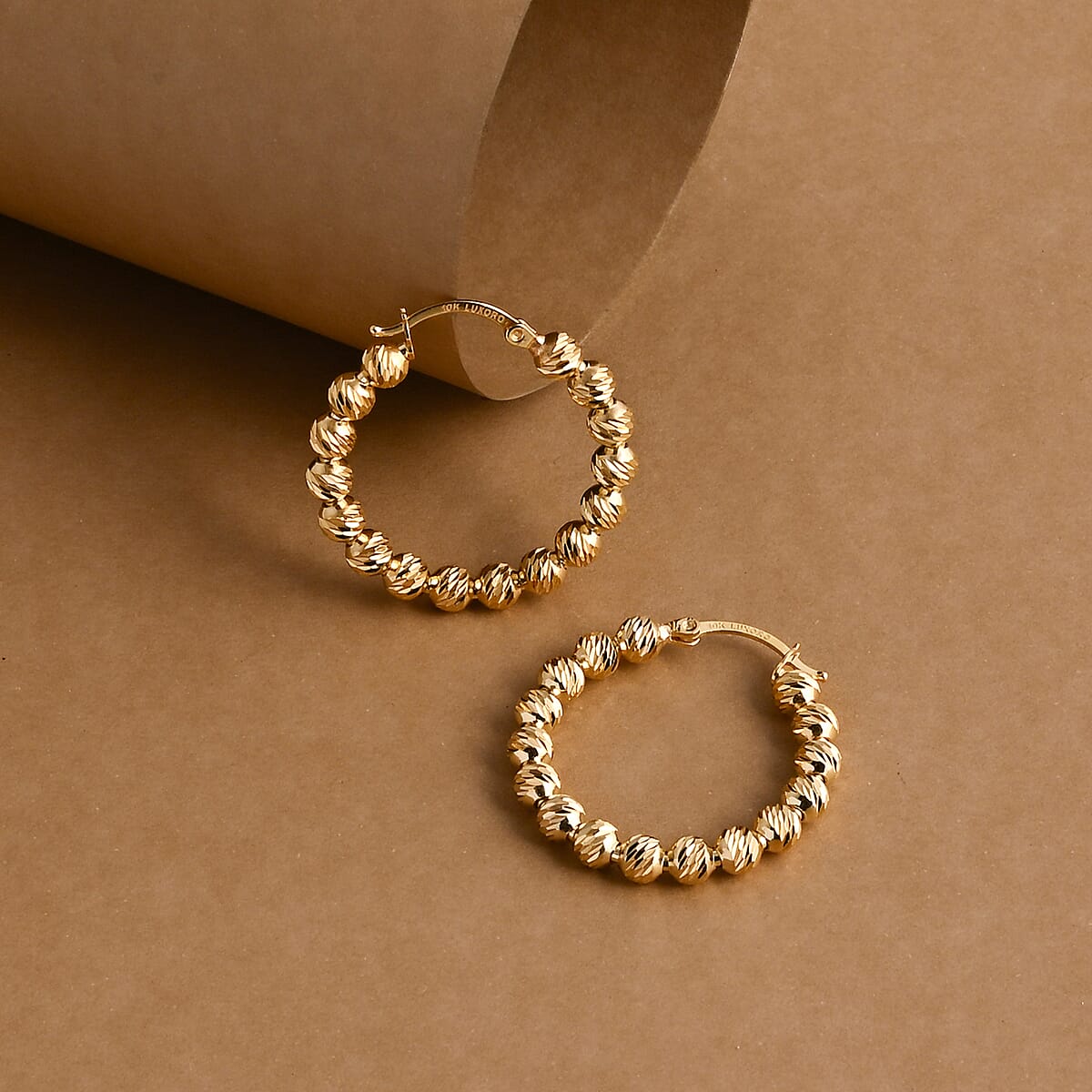 Doorbuster Luxoro Diamond-cut Beaded Hoop Earrings in 10K Yellow Gold 4.08 Grams image number 1