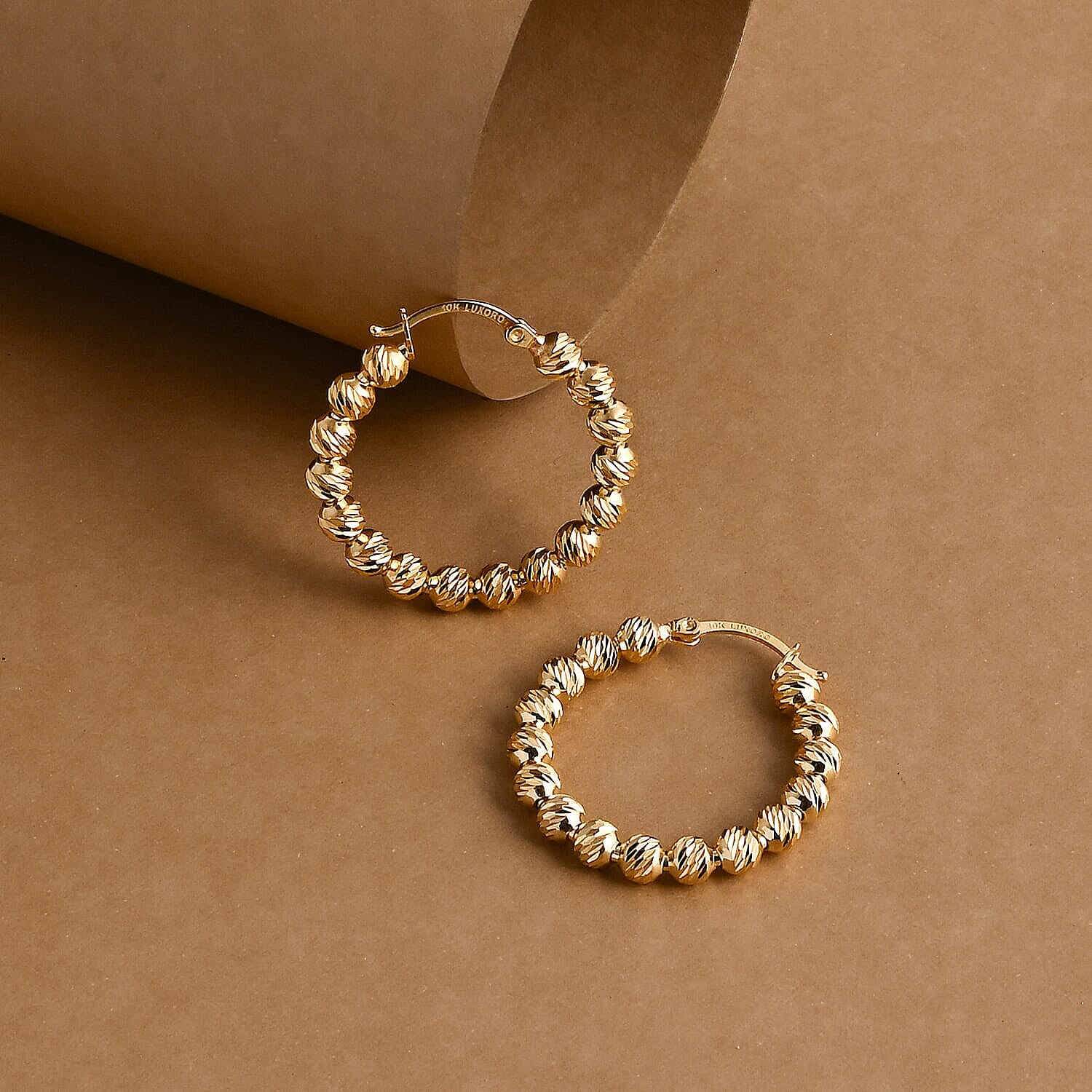 Luxoro Diamond-cut Beaded Hoop Earrings in 10K Yellow Gold 4.08 Grams