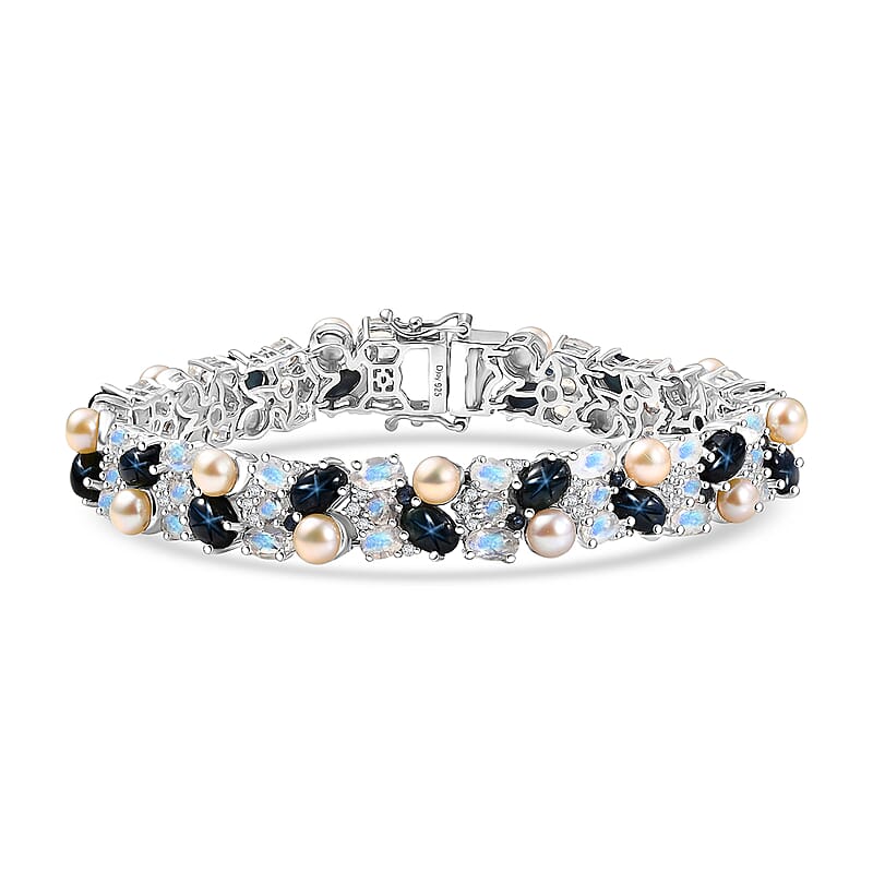 D'Joy Blue Star Sapphire (DF) and Multi Gemstone 19.65 ctw Celestial Tapestry Bracelet in Rhodium Over Sterling Silver (6.50 In)