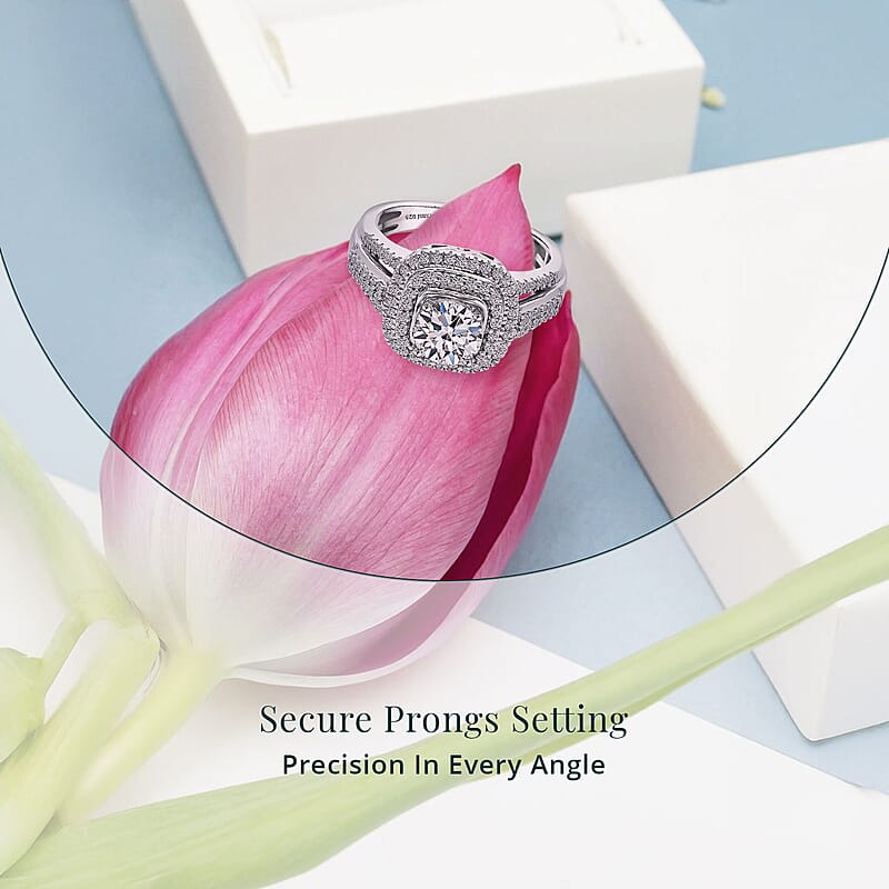 Luxuriant Lab Grown Diamond Double Halo Ring in Rhodium Over Sterling Silver 1.50 ctw (Size 10.0)