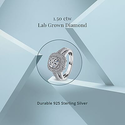 Luxuriant Lab Grown Diamond Double Halo Ring in Rhodium Over Sterling Silver 1.50 ctw (Size 7.0)