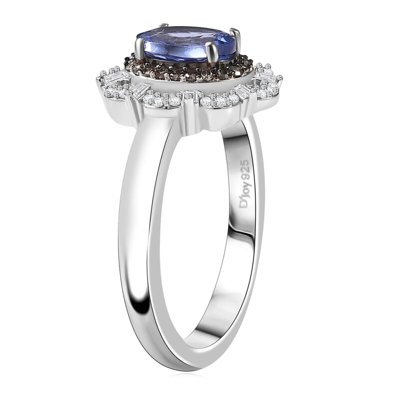 D'Joy Premium Tanzanite, Natural Champagne and White Diamond 1.00 ctw Floral Halo Ring in Rhodium Over Sterling Silver (Size 10.0)