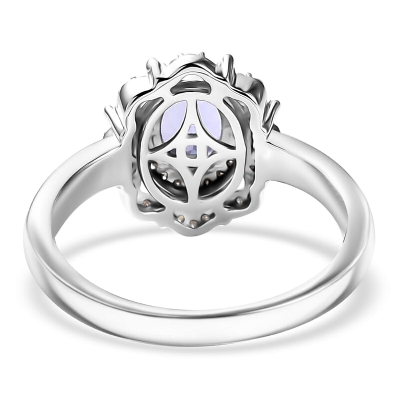 D'Joy Premium Tanzanite, Natural Champagne and White Diamond 1.00 ctw Floral Halo Ring in Rhodium Over Sterling Silver (Size 10.0)